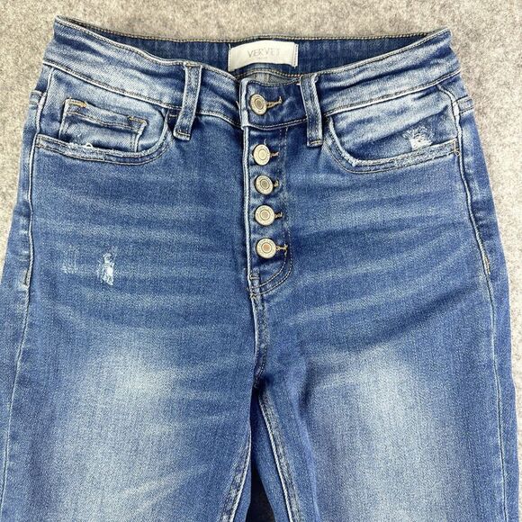 Vervet Blue Distressed Jeans Womens 27 Button Fly Slim Ankle Medium Wash Stretch - Picture 9 of 13